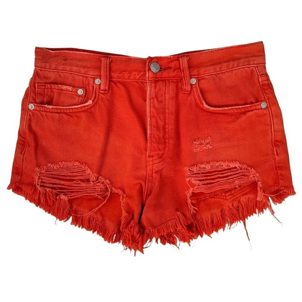 We the Free Orange Denim Distressed Cut-Off Jean Shorts Size 25 Button Fly